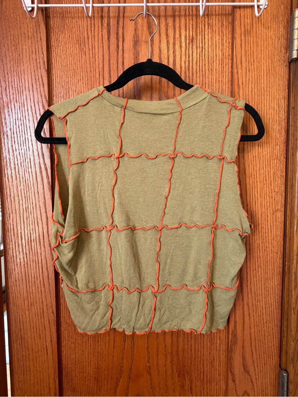 Verge Girl Olive Green Sleeveless Knit Tank with Orange Grid Stitch